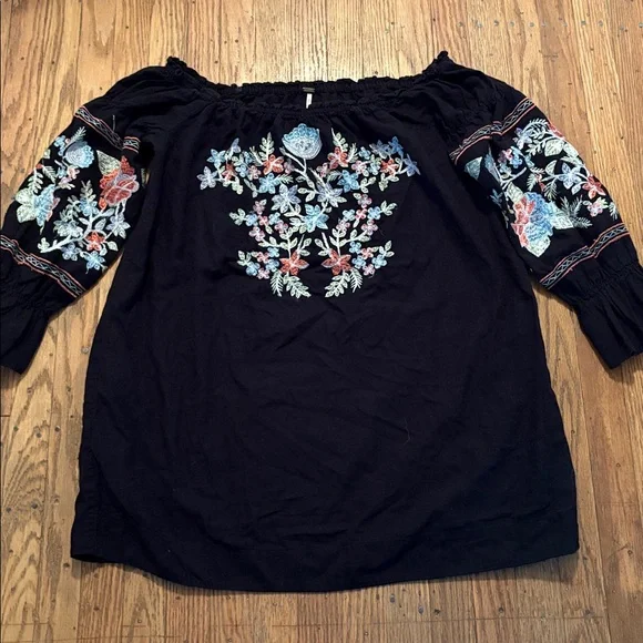 Free People Off Shoulder Black Embroidered Mini Dress Tunic M - Picture 3 of 9